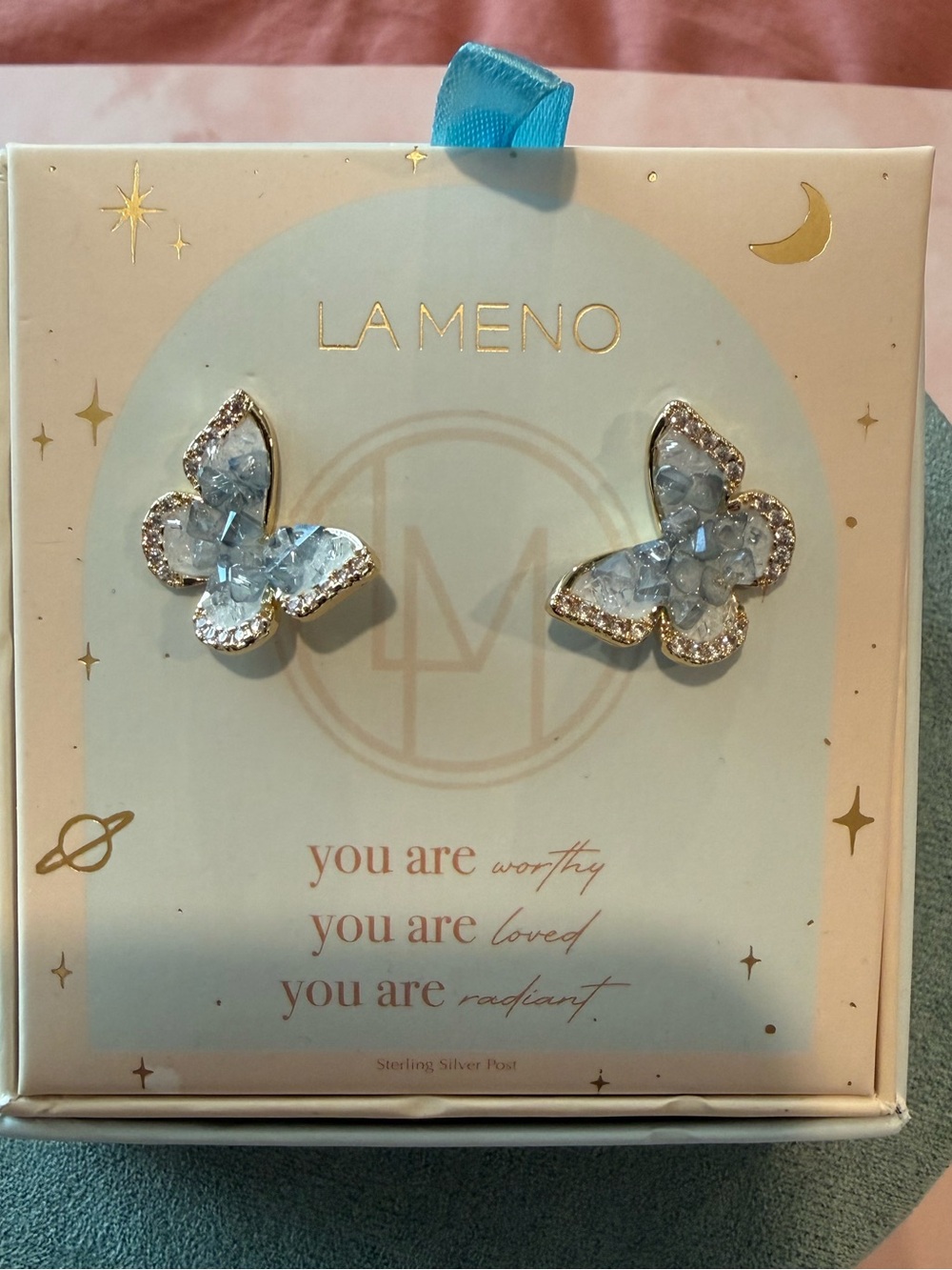 La Meno | Blue Quartz Butterfly Earrings | Gold Plating w/Sterling Silver Posts